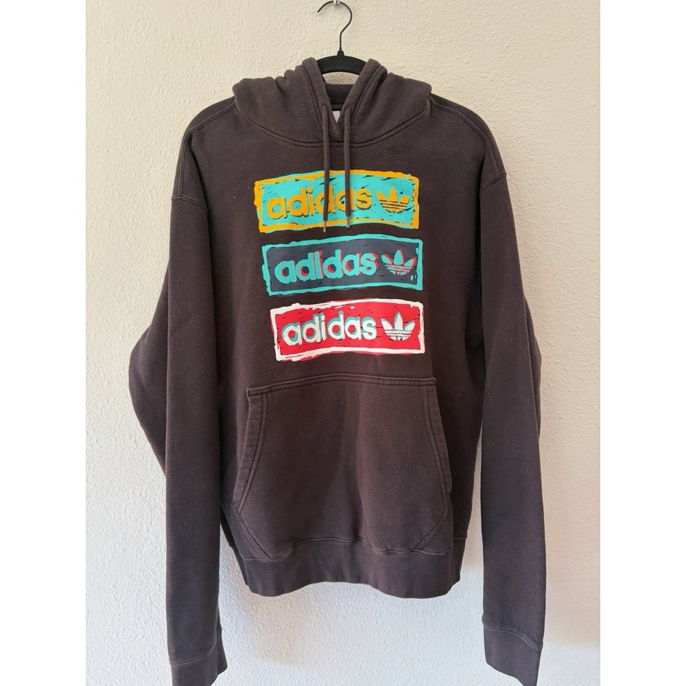 Adidas Originals Mens L Tri Linear Black Fleece Hoodie Sweatshirt Logo Pullover